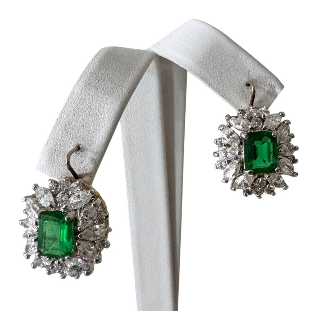 PCI Vintage Emerald Cut Green‎ Stone Cluster Earrings Marquise Crystal Halo Drop